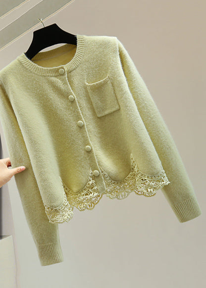 Light Green O-neck Lace Patchwork Cotton Knit Cardigan Spring