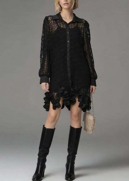 Black Peter Pan Collar Hollow Out Lace Shirt Tops Spring