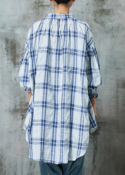 Blue Oversized Plaid Cotton Blouses Lantern Sleeve