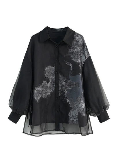 Black Peter Pan Collar Lace Up Patchwork Tulle Shirt Lantern Sleeve