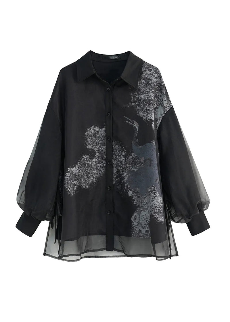 Black Peter Pan Collar Lace Up Patchwork Tulle Shirt Lantern Sleeve