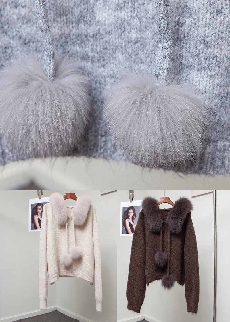Milk Tea Color Fuzzy Ball Decorated Cozy Knit Sweater Hooded Winter