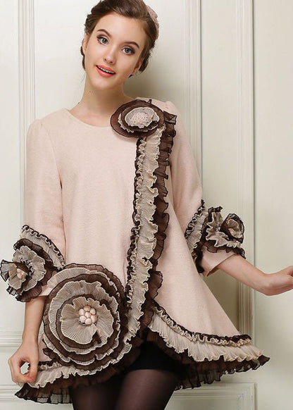 Apricot Patchwork Woolen Coats Ruffled Nail Bead Spring