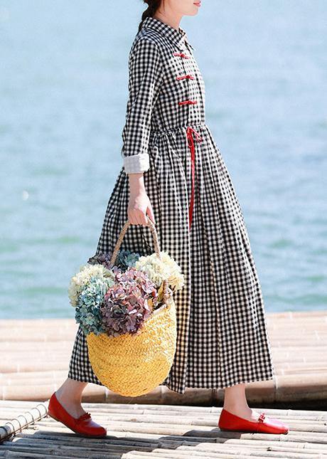 Diy Lapel Drawstring Spring Clothes Photography Black Plaid Dresses