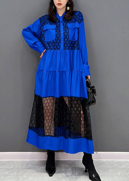 Vogue Blue O-neck Dot Patchwork Wrinkled Tulle Maxi Dresses Spring