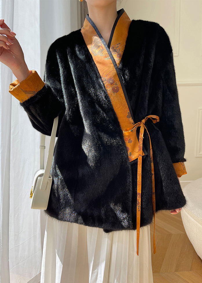 Top Quality Black Print Lace Up Mink Hair Leather and Fur Coats Winter