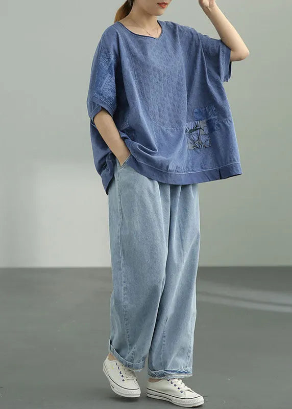 Natural Blue Loose O-neck Print Fall Tee Half Sleeve