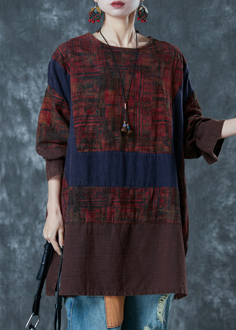 Colorblock Oversized Patchwork Linen Blouses Fall
