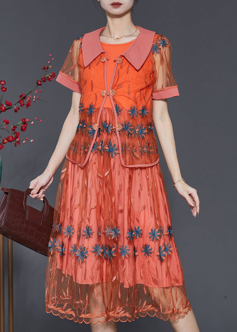 Orange Embroidered Patchwork Tulle Dresses Two Piece Set Summer