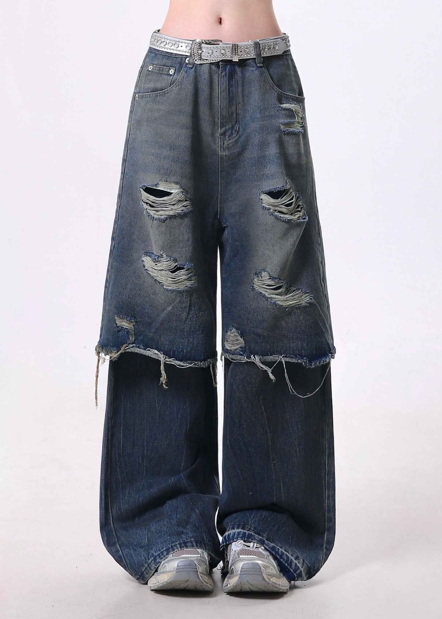 Blue False Two Pieces Patchwork Ripped Denim Pants Spring