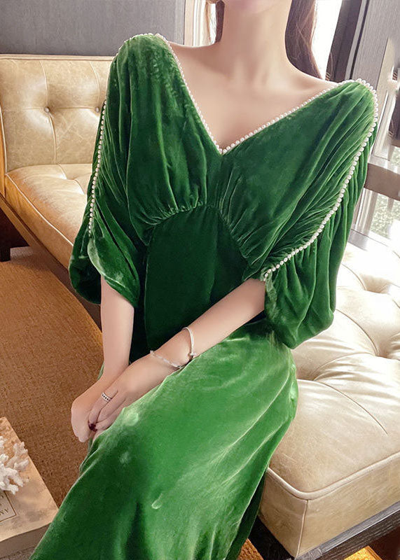 Green V Neck Nail Bead Patchwork Wrinkled Velour Dress Spring