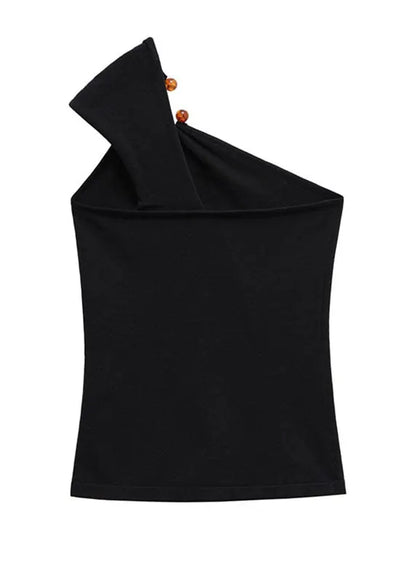 Novelty Black One Shoulder Asymmetrical Patchwork Vests Sleeveless