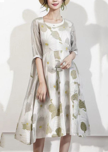French Apricot O-neck Print Silk Long Dress Summer