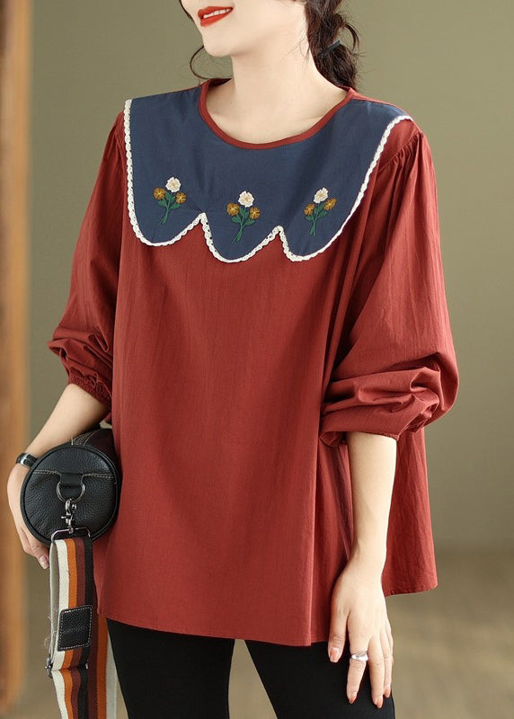 Rust Embroideried Patchwork Cotton Top Fall