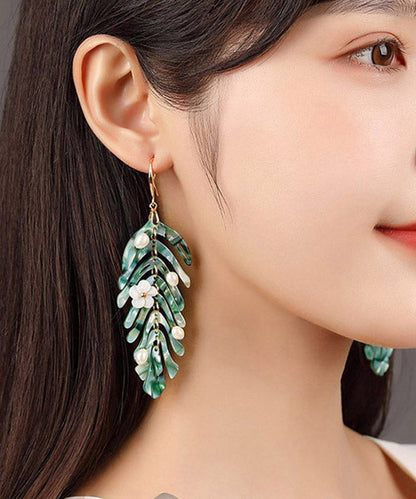 Green Copper Pearl Shell Flower Asymmetricar Leaf Drop Earrings