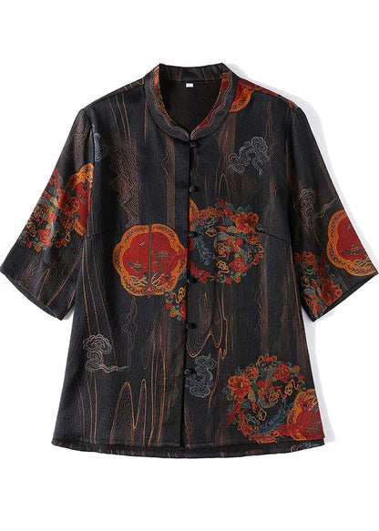 Retro Black Print Stand Collar Button Silk Blouse Top Half Sleeve
