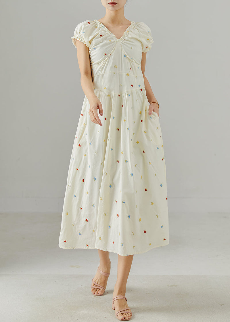 White Embroidered Wrinkled Cotton Maxi Dress Summer