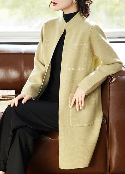 Yellow Stand Collar Pockets Woolen Cardigan Spring