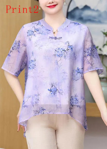 Print Oriental Button Chiffon Top Summer