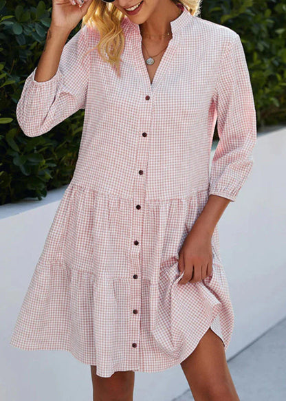 Blue Stand Collar Plaid Button Mid Shirts Dress Fall