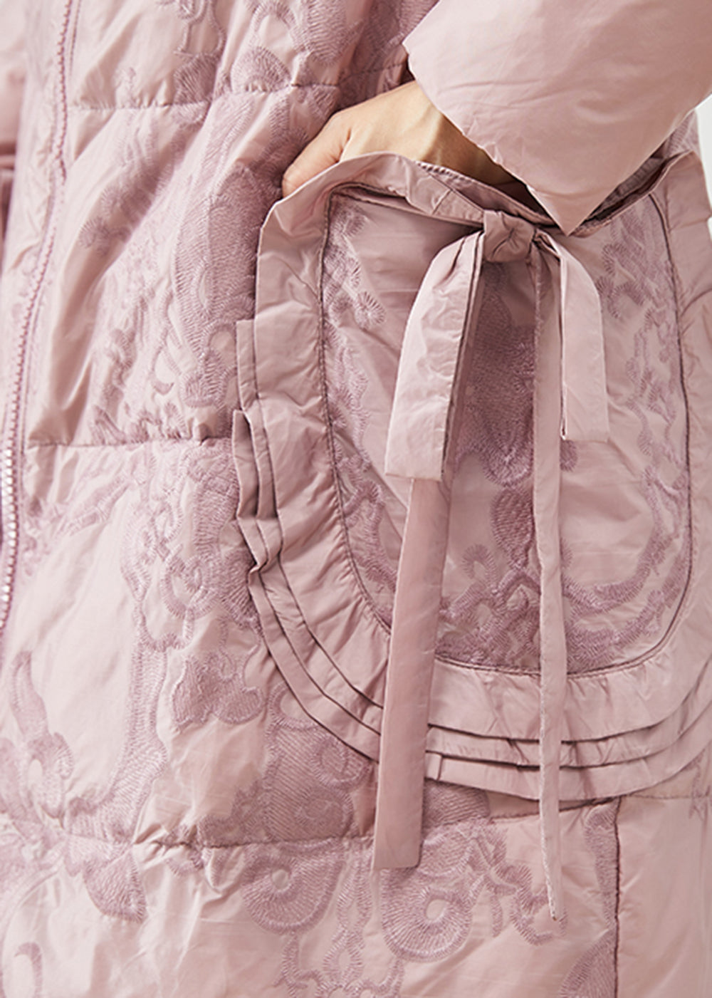 Art Pink Embroideried Bow Thick Duck Down Puffers Jackets Winter