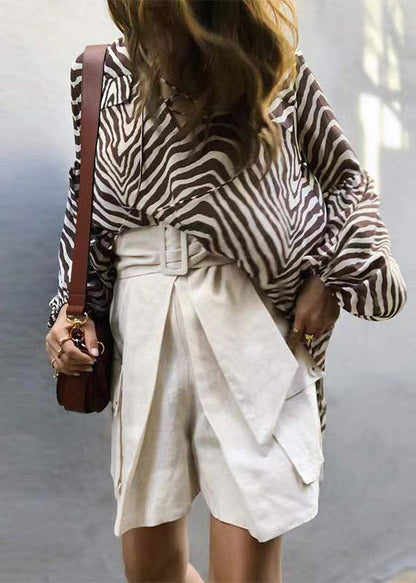 European and American Striped Printed Long Sleeved Lace Up Shirt