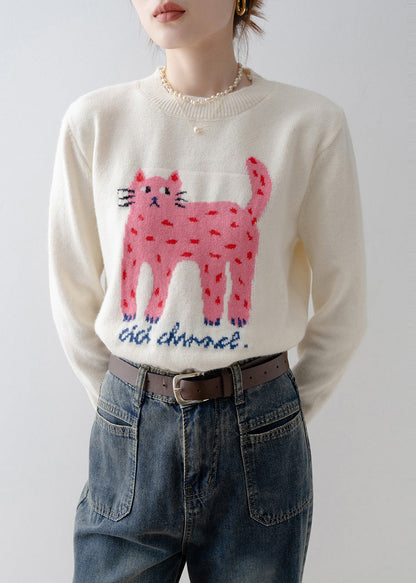 White Cat Jacquard Thick Sweater Tops Winter