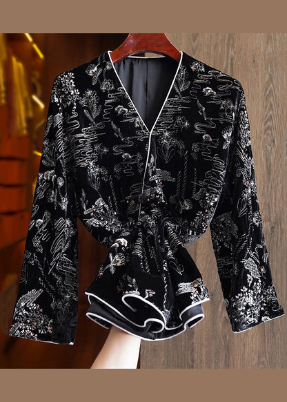 Black V Neck Jacquard Patchwork Silk Velour Coats Fall