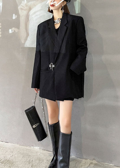 Style Black Notched Pockets Loose Fall Long Sleeve Coat