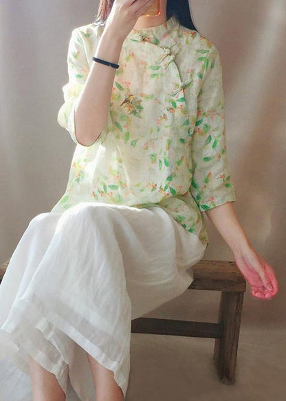 Stand Collar Half Sleeve Clothes for Green Leaves Tops
