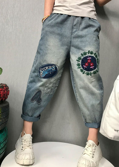 Blue Embroideried Denim Pants Spring