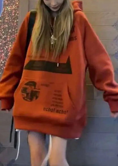 Art Brick Red Hooded Pockets Print Fall Sweatshirt Street Wear