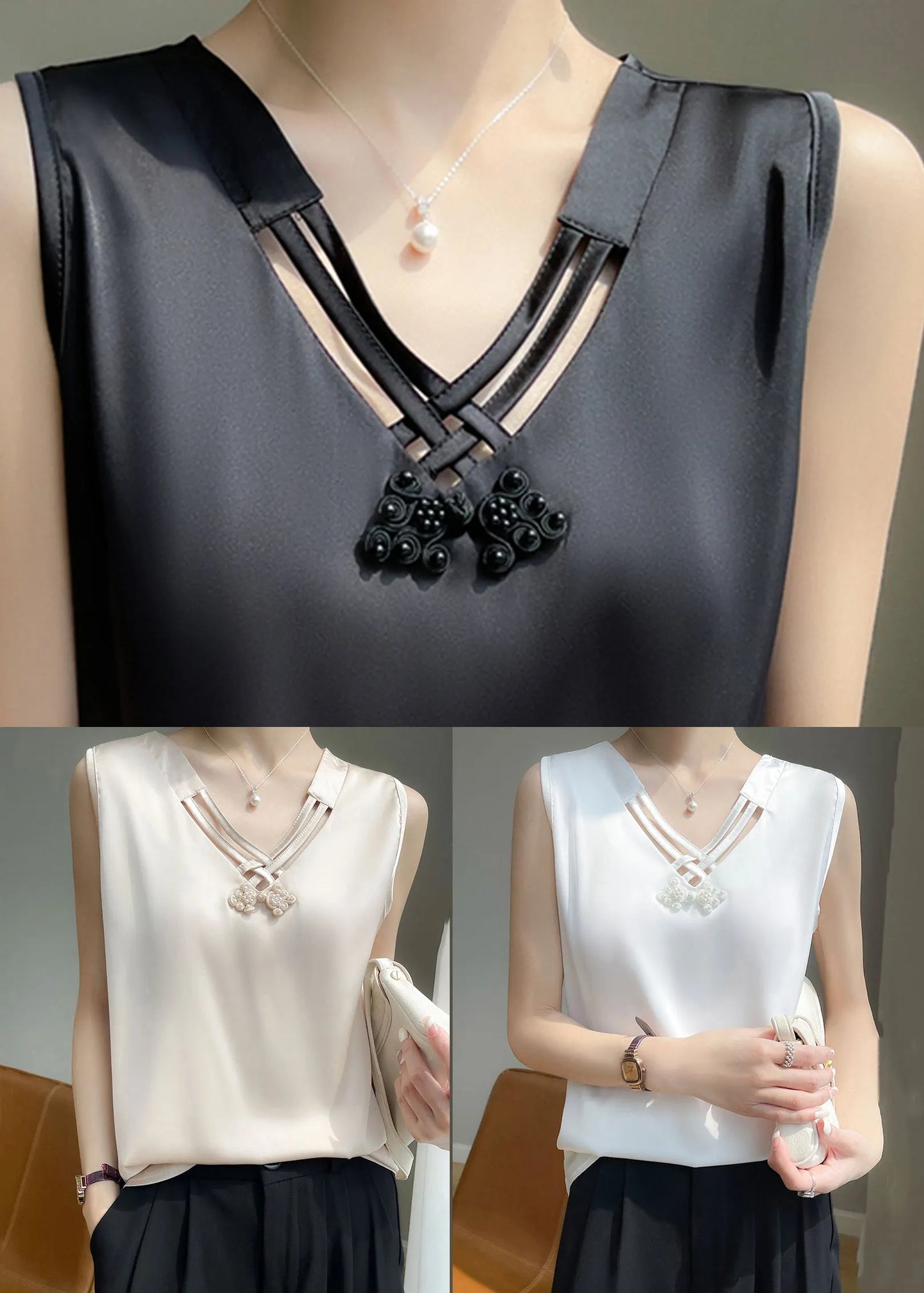 Black V Neck Hollow Out Silk Tank Sleeveless