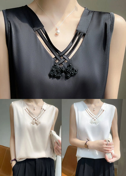 Black V Neck Hollow Out Silk Tank Sleeveless