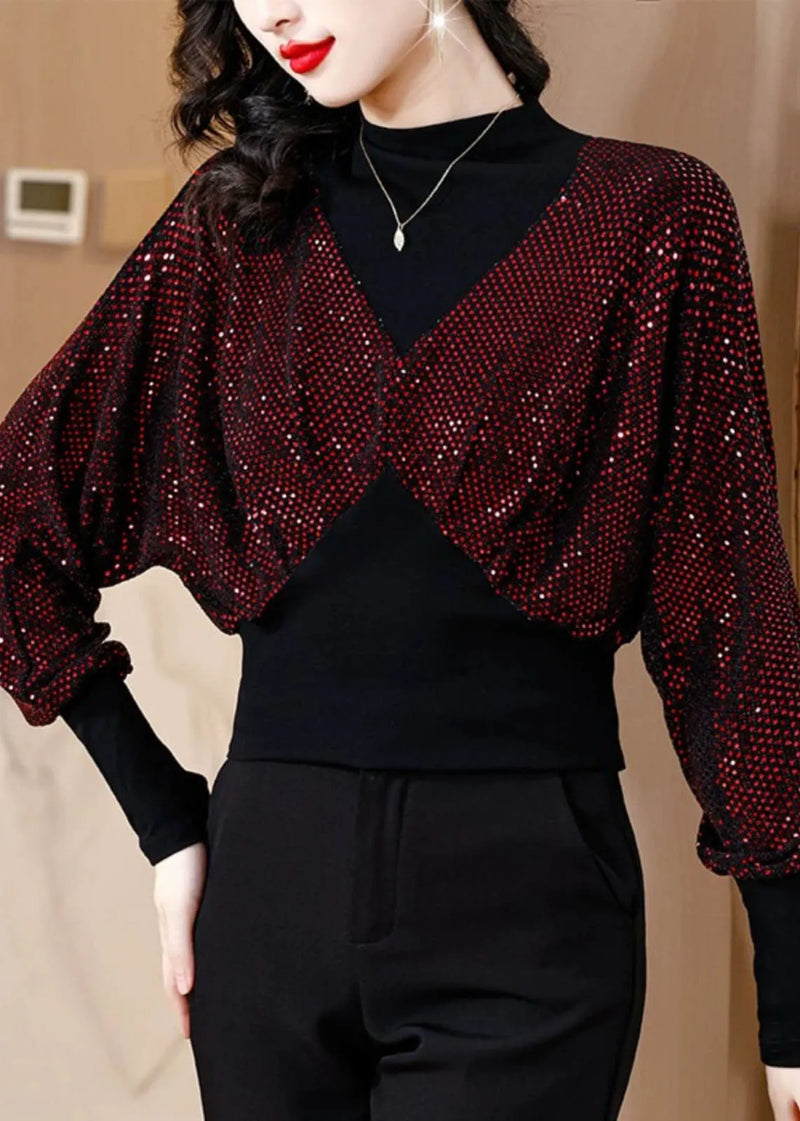 Slim Fit Black O-neck Sequins Patchwork Fake Two Pieces Top Fall