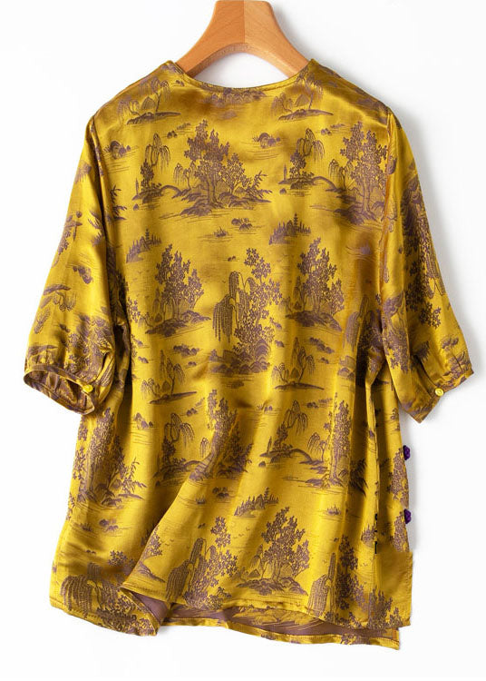 Yellow Jacquard Side Open Draping Silk Shirt Tops Short Sleeve