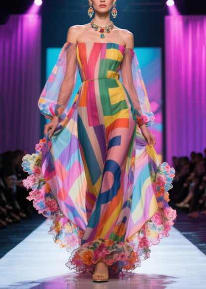 Pink Print Patchwork Ruffled Chiffon Strapless Dress Summer