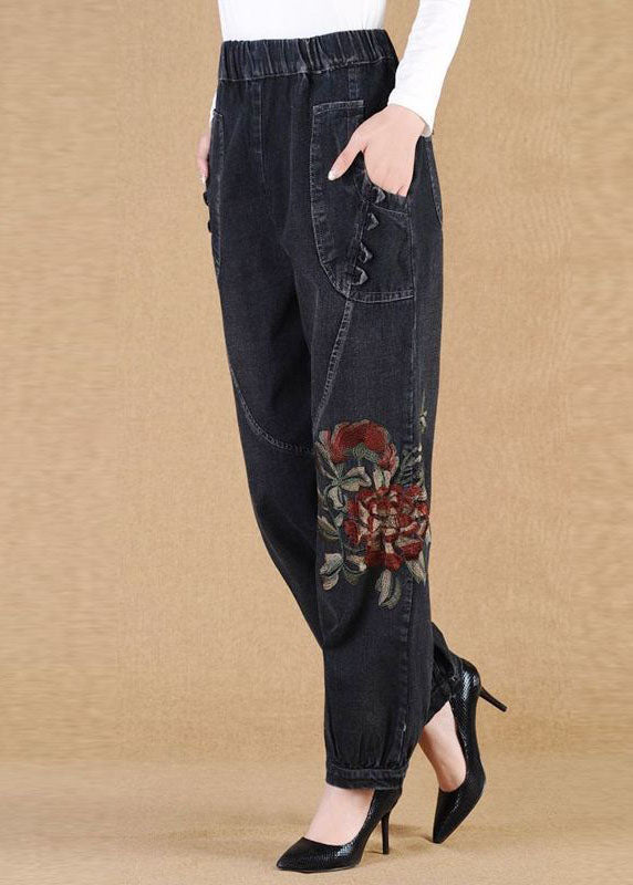 Black Grey Elastic Waist Embroideried Pockets Cotton Denim Lantern Pants Summer