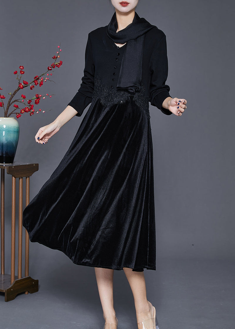 Black V Neck Patchwork Silk Velour Maxi Dresses Fall