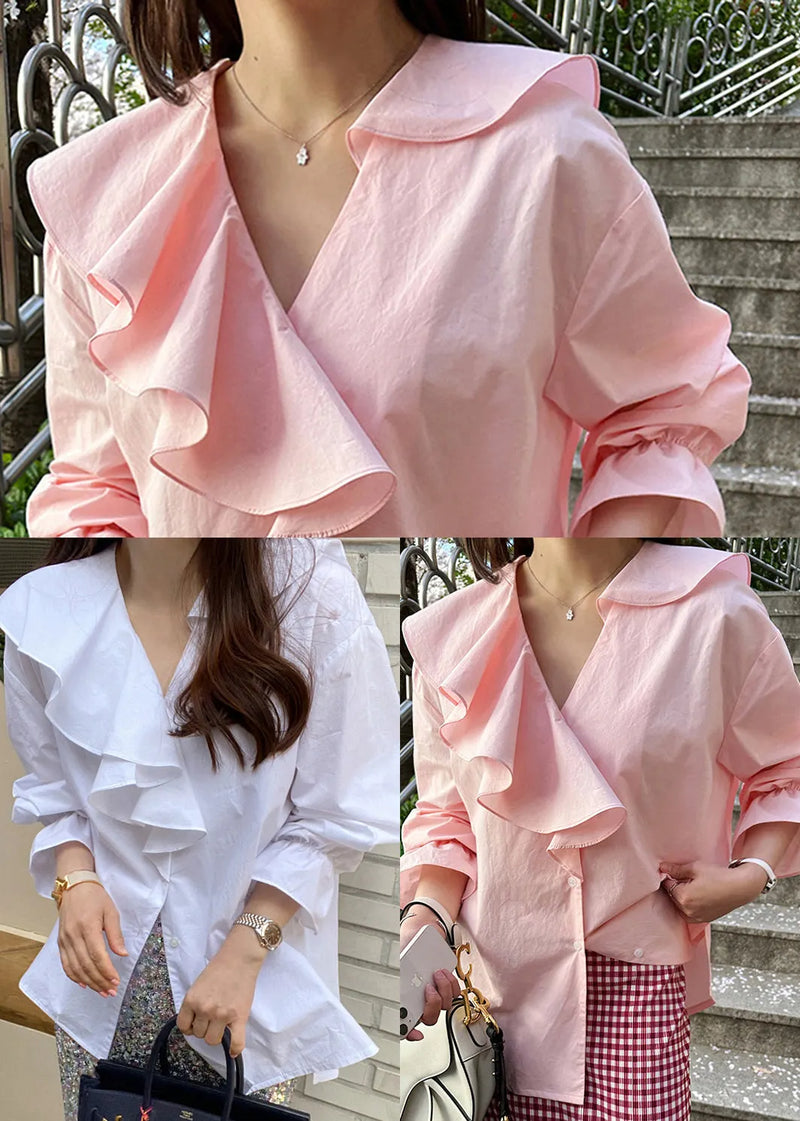 Fine Pink Asymmetrical Ruffles Cotton Shirt Tops Fall