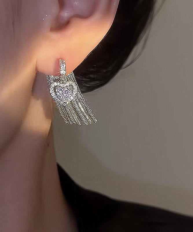 Copper Alloy Zircon Love Tassel Drop Earrings