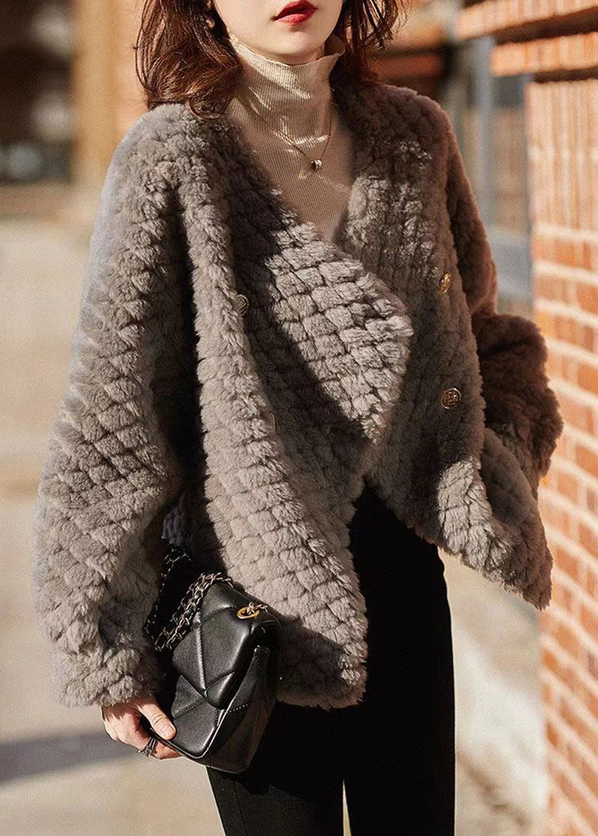 Grey Pockets Button Patchwork Wool Jacket Winter