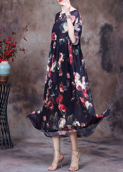 Black O-neck Wrinkled Print Chiffon Beach Dress Two Pieces Set Summer