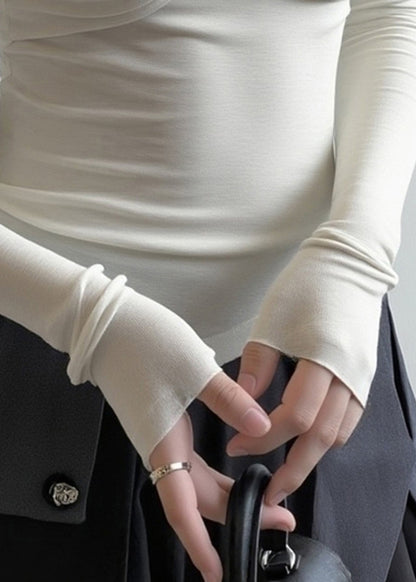 White Turtleneck Patchwork Cold Shoulder Hollow Out Tops Fall