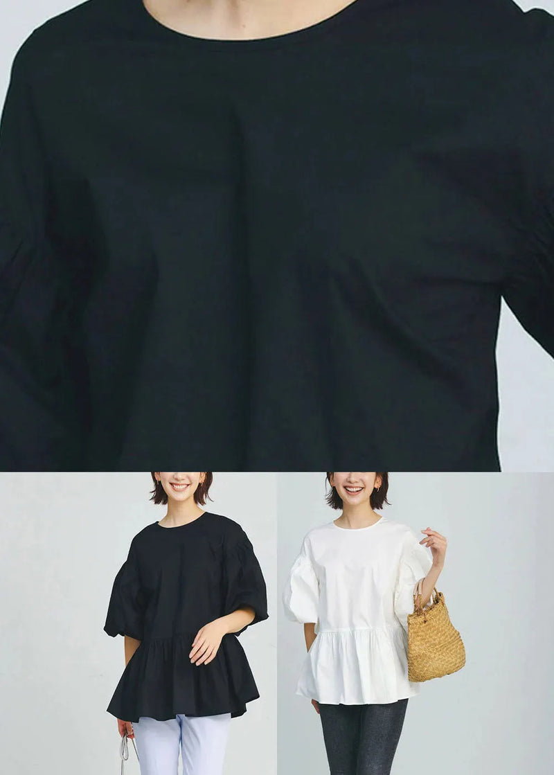 Black O-neck Wrinkled Cotton Shirt Puff Sleeve