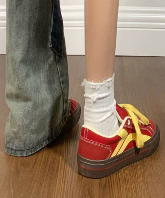 Red Canvas Flat Feet Shoes Splicing Lace Up