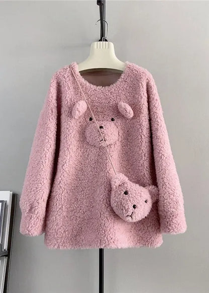 Coffee O Neck Wool Loose Teddy Bear Winter Pullover