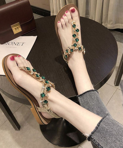 Boutique Zircon Splicing Peep Toe Flat Sandals Green Pu