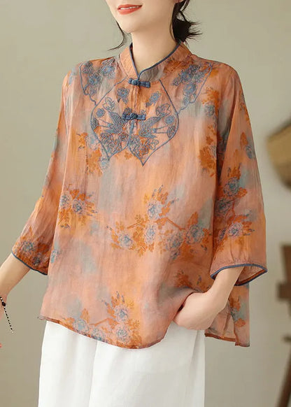 Orange Embroideried Print Cotton Shirts Half Sleeve