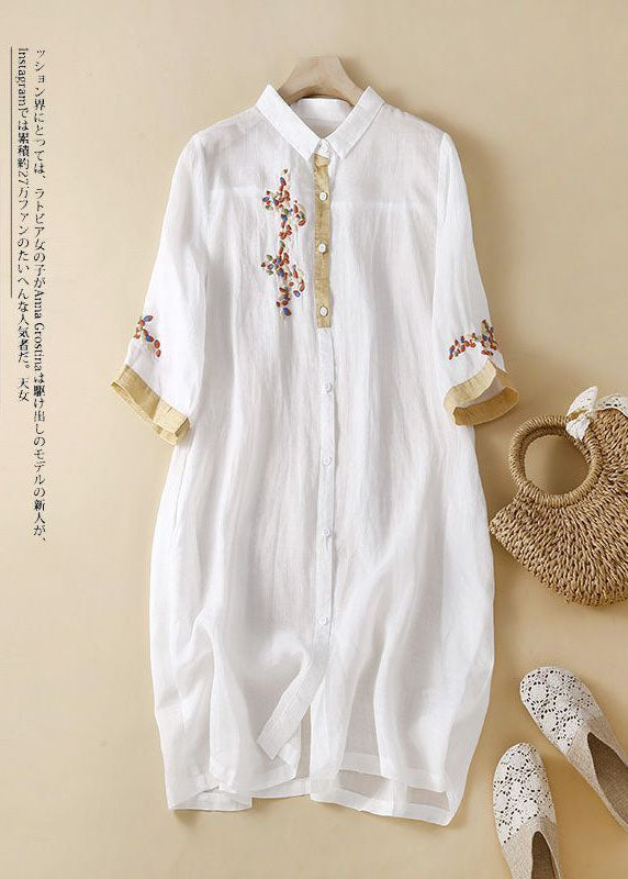 Blue Cashew Nuts Embroidered Patchwork Linen Shirt Dress Summer